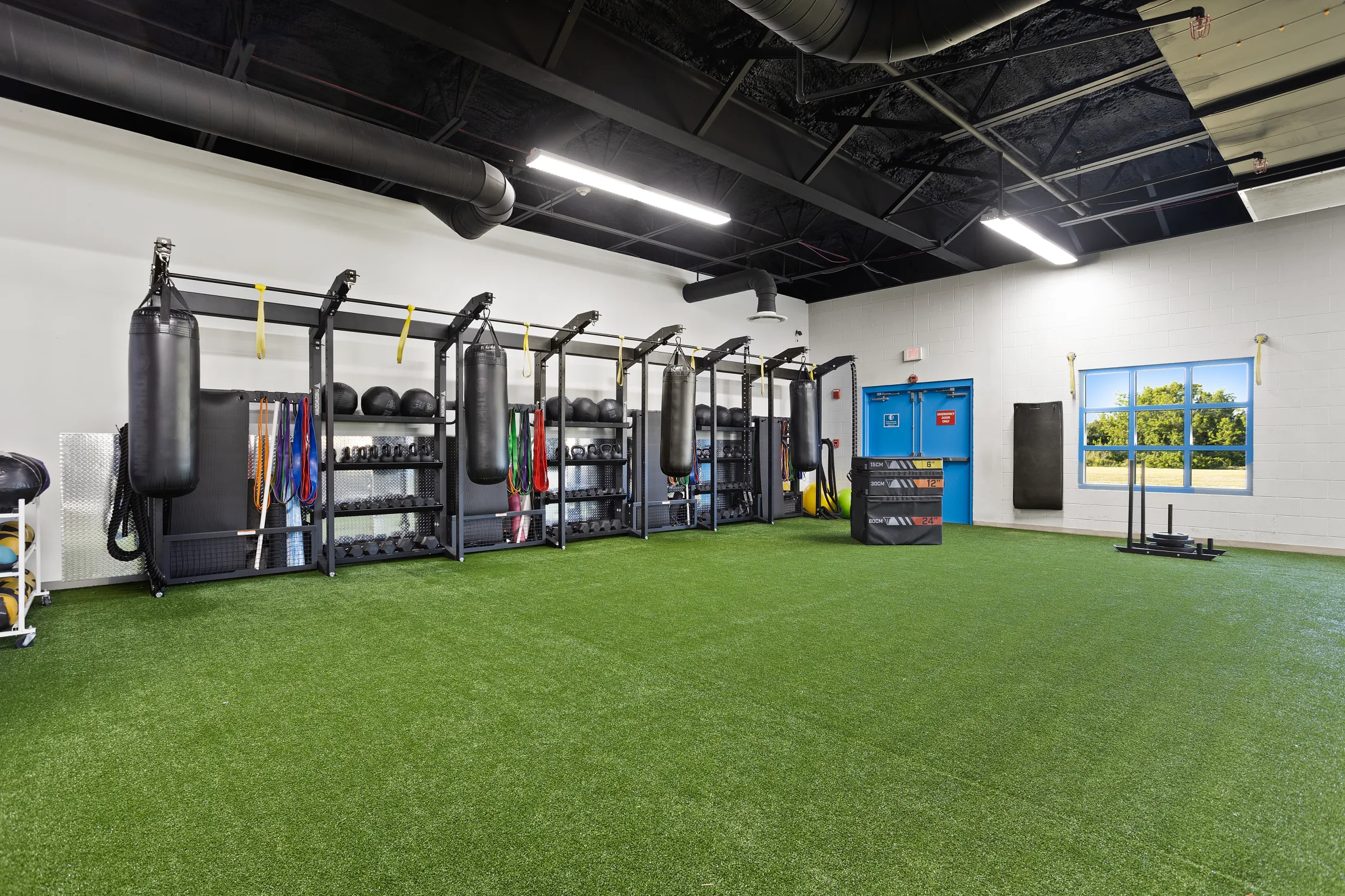Power Rack Systems, Punching Bags, and Turf Area